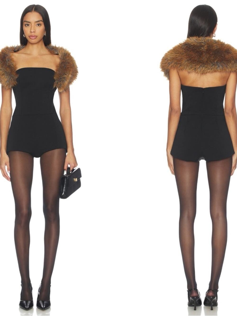 RETROFETE Salmee Strapless Fur Trim Black Romper Size Small